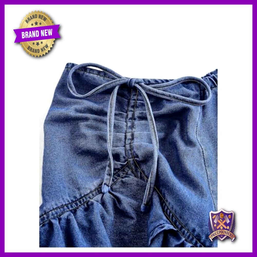 Plus Size Denim Midi Skirt, Y2K Asymmetrical Ruffle Layered, High Waist - Picture 3 of 4
